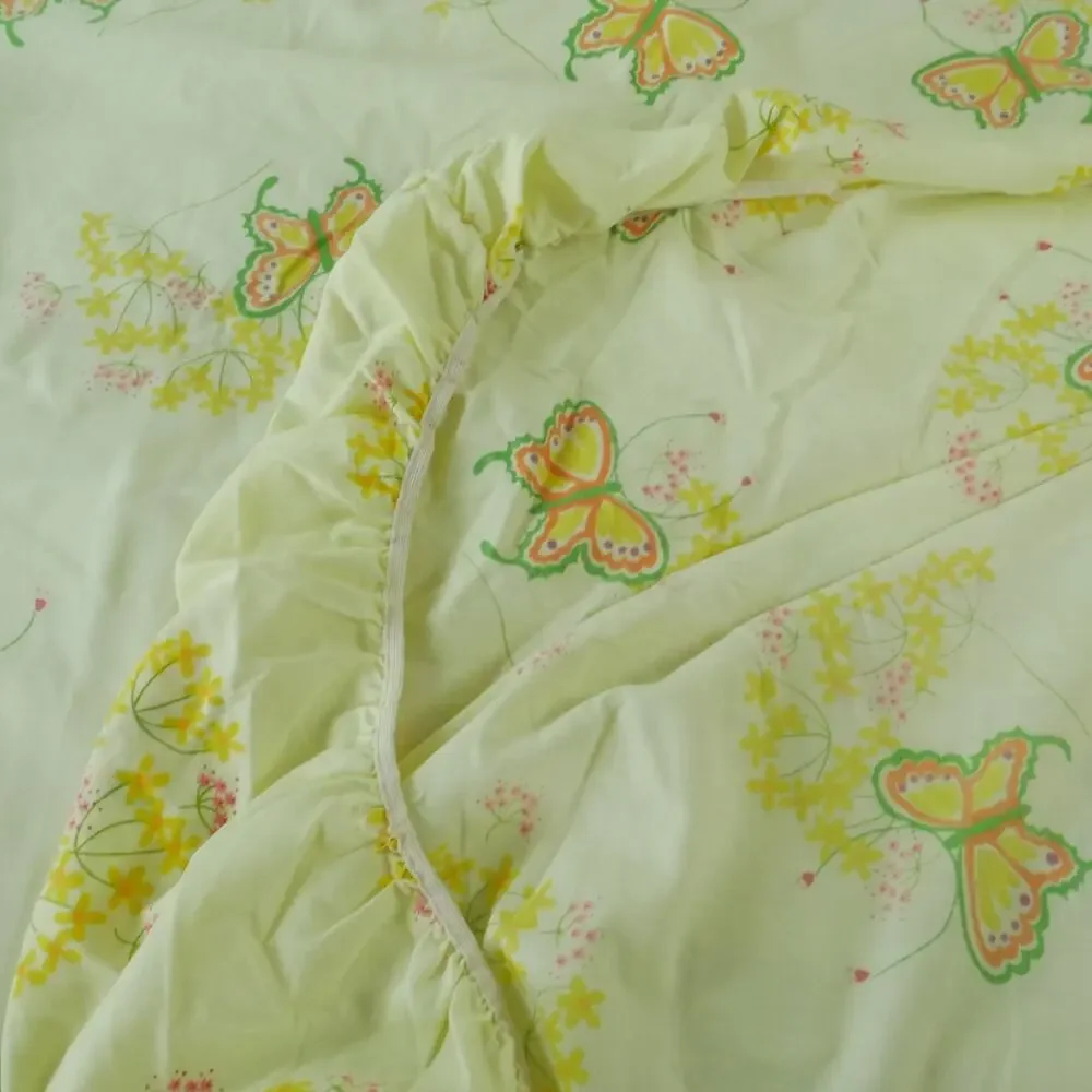 Vintage 70s Queen Sheet‎ Set Yellow Floral Butterflies Marlene Tastemaker Dainty